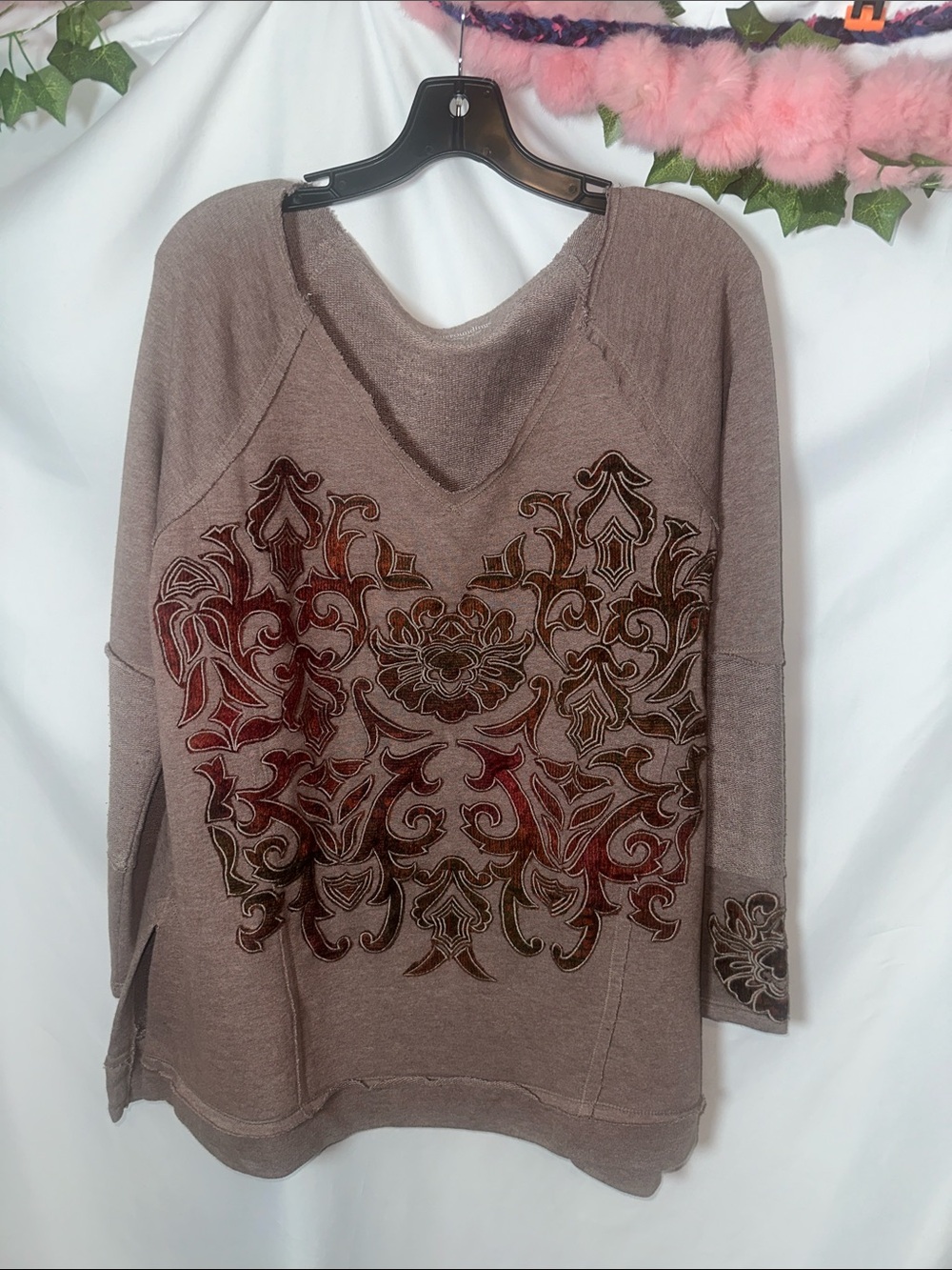 Soft Surroundings Taupe Embroidered V-Neck Sweatshirt